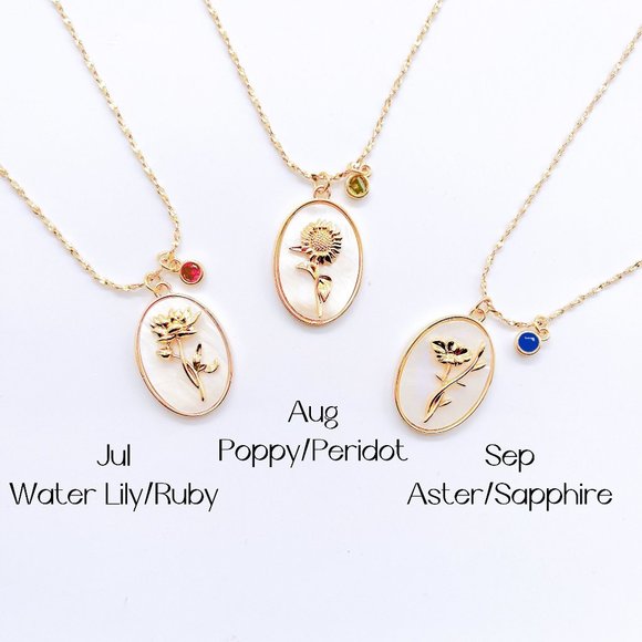 New Birth Flower Necklace with Birthstone Gold Necklace, Mother of Pearl Pendant - Picture 5 of 7